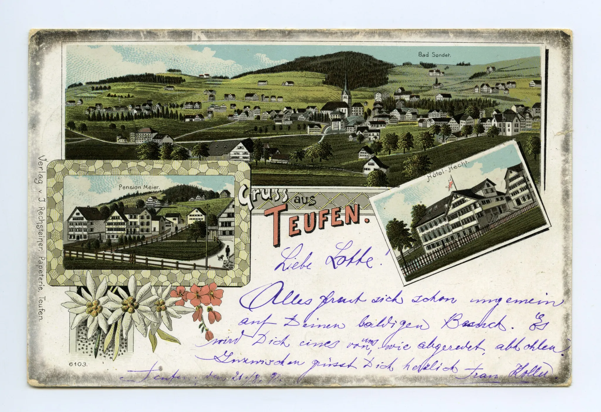 mit Bad Sonder; Hotel Hecht; Pension Meier, verziert mit Edelweiss u.a. Blumen (vgl. Hc.13-01)
