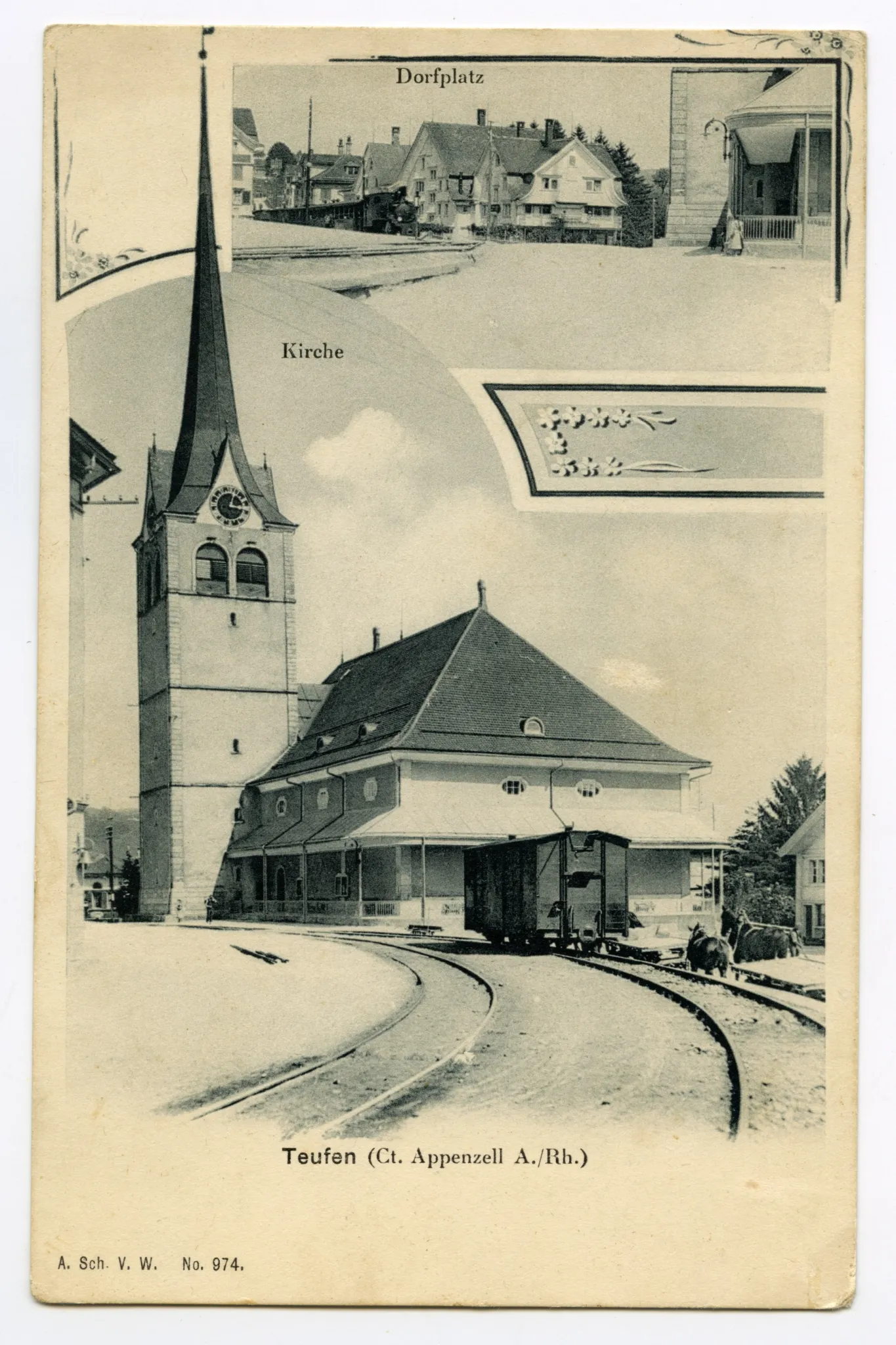 Von links oben im Uhrzeigersinn: Dorfplatz von Westen mit Grubenmannkirche und Bahngeleisen vor altem Bahnhof, mit Güterwagen und Pferdefuhrwerk; SGA-Dampfzug Einfahrt in Dorfplatz von Dorfstrasse, Portal Evang. Dorfkirche; kleinere Verzierungen