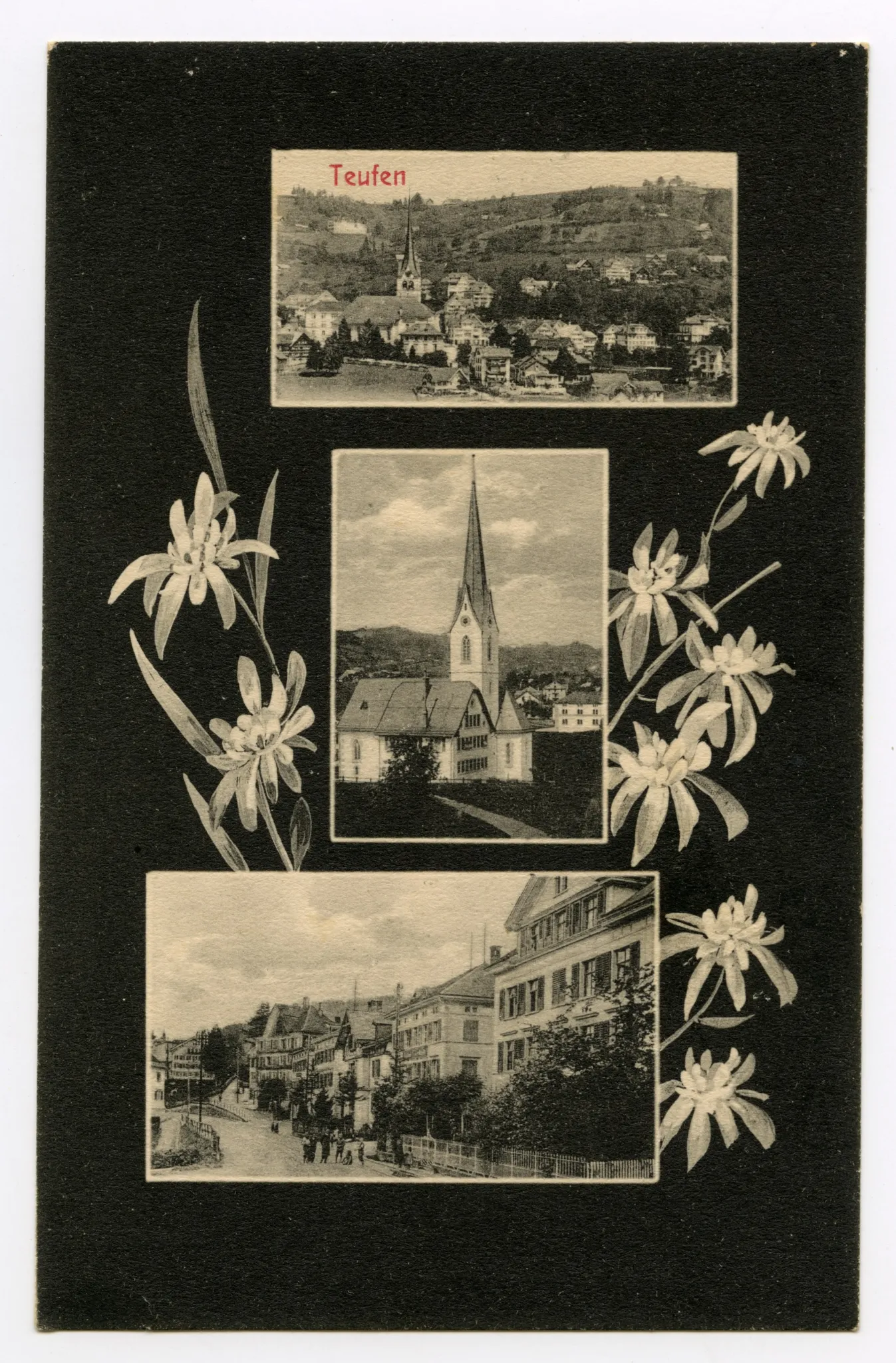 Von oben nach unten: Dorfzentrum von Süden, mit Bad Sonder, Schäflis- und Hüslersegg; alte Kath. Kirche; Hauptstrasse zwischen Schützengarten und Abzweigung Unterrainstrasse, im Vordergrund posieren Kinder; umrahmt von Edelweiss-Ranken, alles auf schwarzem Untergrund (vgl. Ho.06-023, untere beiden Fotos sind identisch)