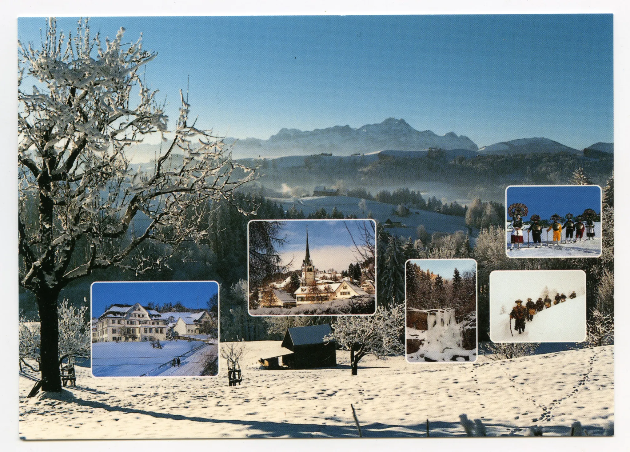 Hauptbild: Winterlandschaft mit Mittelländer Hügeln, Kronberg, Alpstein mit Säntis. Eingebettet v.l.n.r.: Augenklinik Hilsdorf; Dorfkern von Südosten, Grubenmannkirche, Hecht (z.T.); Höch Fall (gefroren!); je ein Schuppel schöne und wüste Silvesterchläuse – (alle Fotos: Winter)