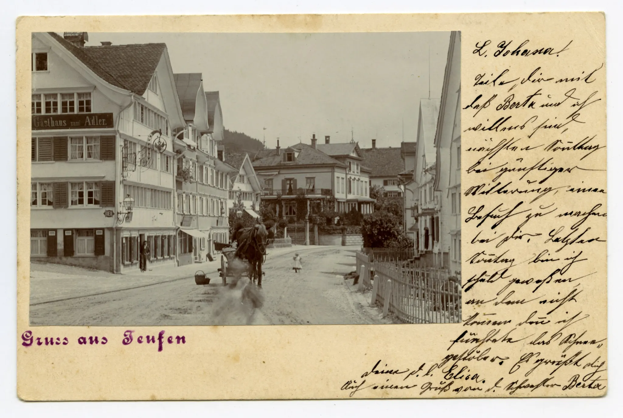 von „Adler“ bis Villa Roth. Mit posierenden Kindern, eines verschwommen, Pferdefuhrwerk (Einspänner)