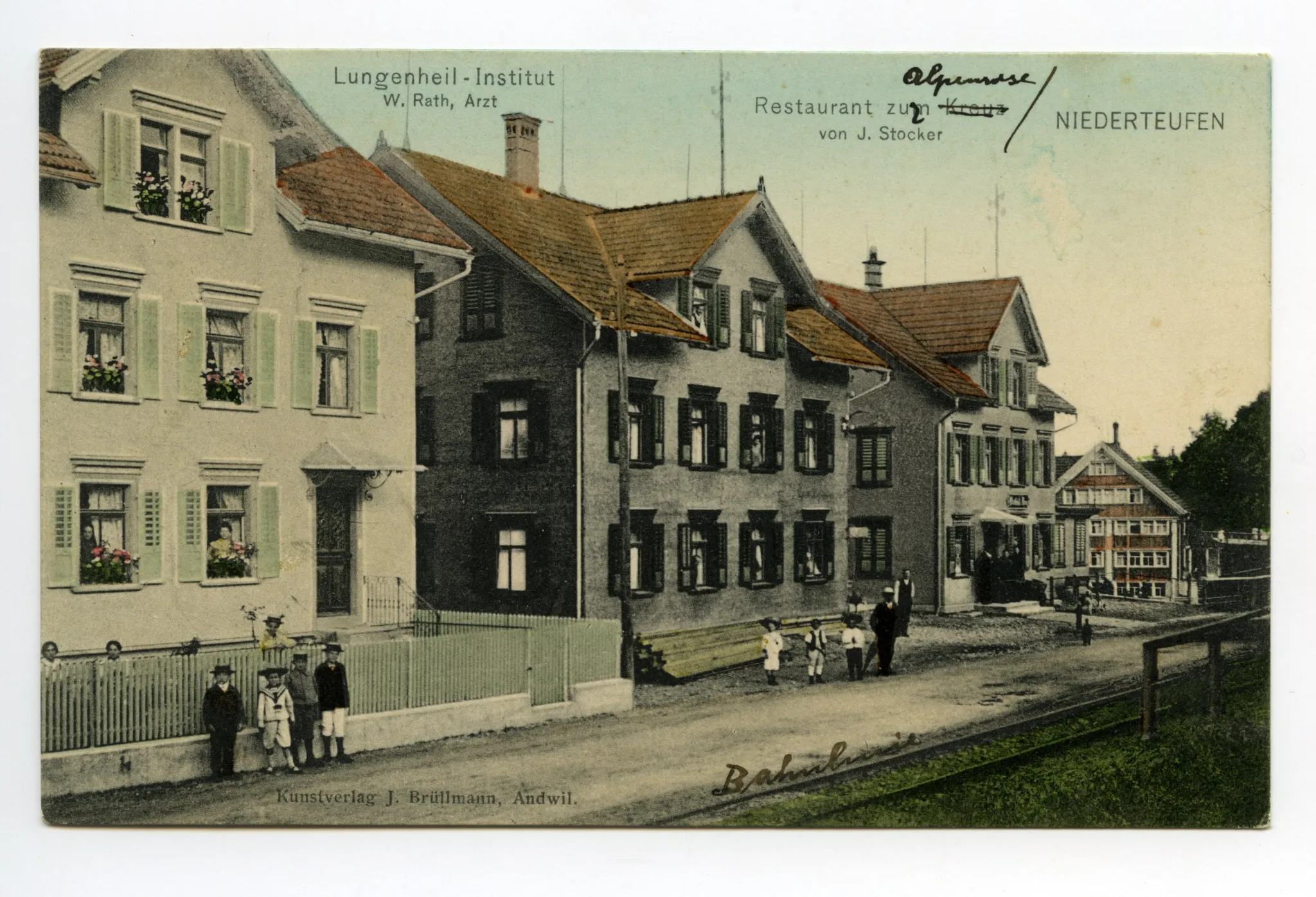 Häusergruppe an Hauptstrasse, Lungenheil-Institut Rath, Restaurant „zum Kreuz“, resp. „zur Alpenrose); Karte 1: sw; Karte 2: col.; Nummer auf Rückseite, unten rechts: „08 53456“