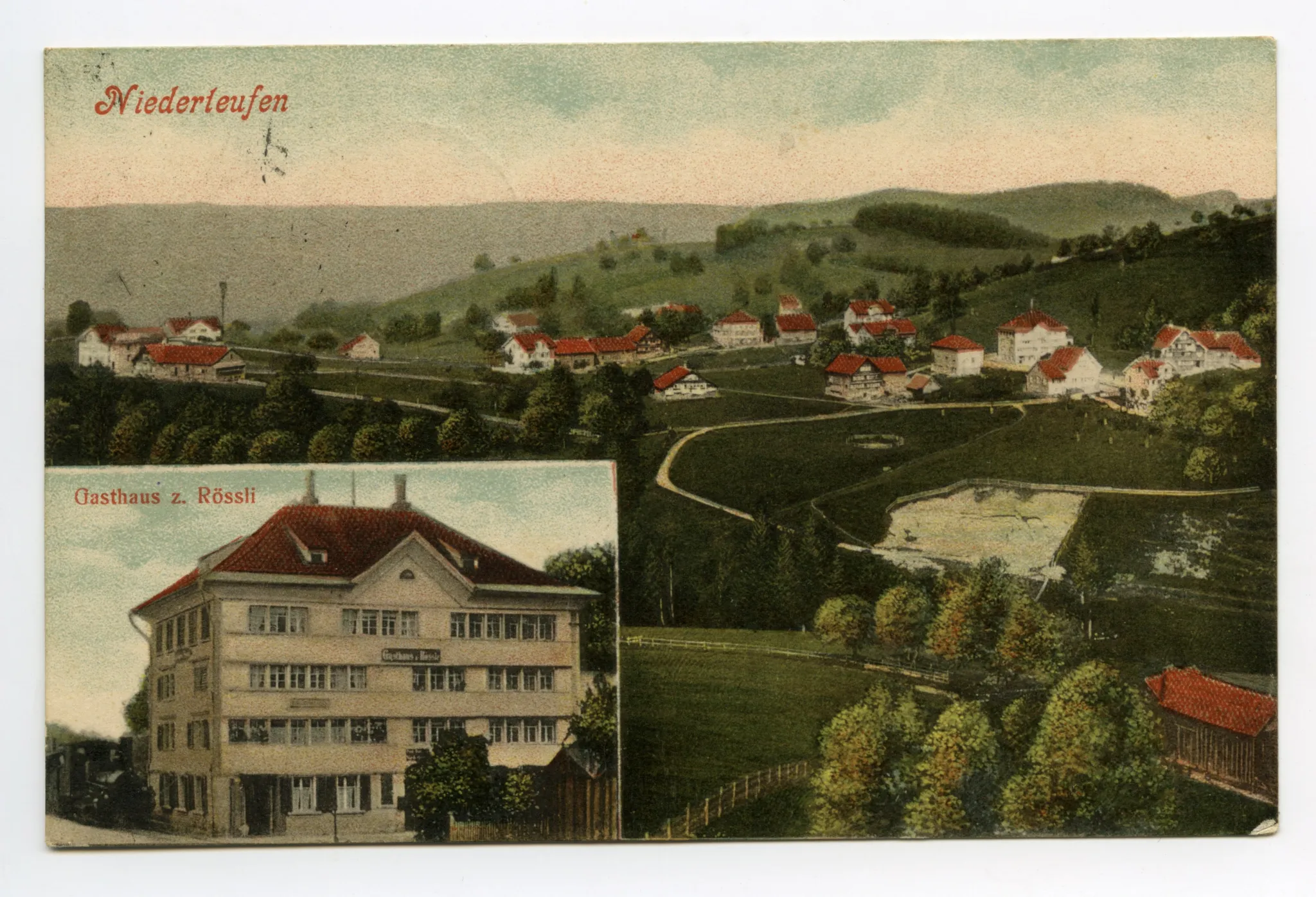 Mehrbildkarte, Hauptbild: Niederteufen, Haag, mit Steinbruch, Blick nach Nordwesten.; Kleines Bild: Gasthaus „zum Rössli“