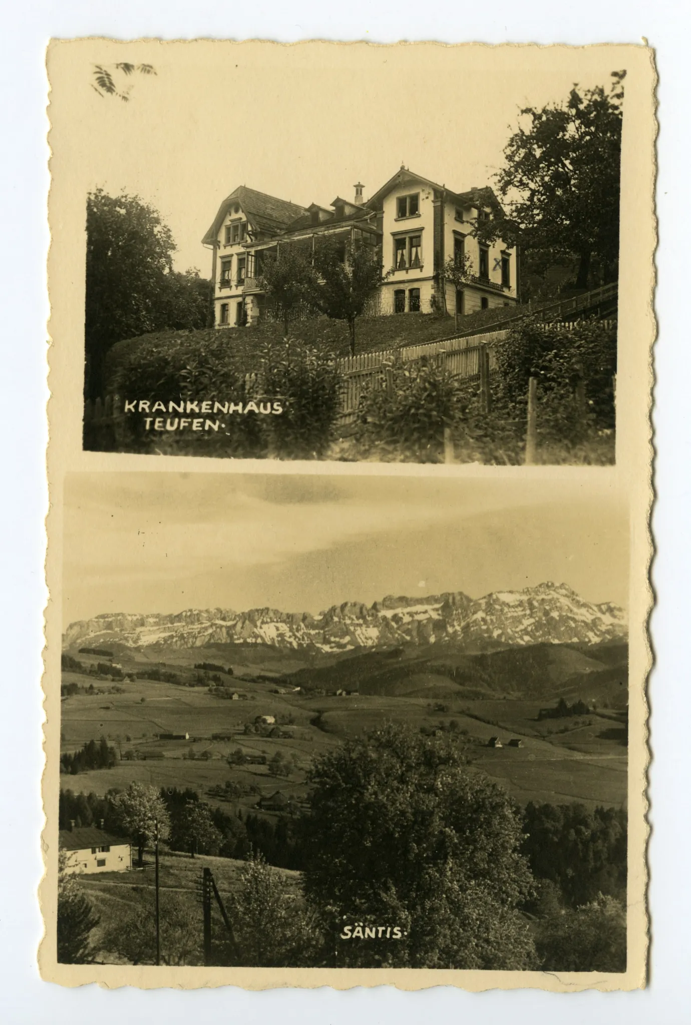 zweigeteilte Karten, Karte 1: oben mit Krankenhaus, Ansicht von Südosten – unten mit Teufen, Ansicht von Nordosten; Karte 2: oben mit Krankenhaus, Ansicht von Südosten – unten mit Alpsteinkette, Ansicht von Norden; Karte 3: oben mit Krankenhaus, Ansicht von Südosten – unten mit Teufen, Bad Sonder und Schäflisegg, Ansicht von Südosten