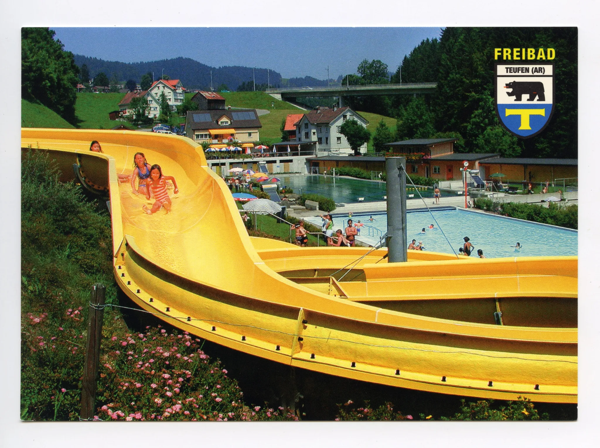 Freibad, Ansicht mit Rutsche, Serie von Karten