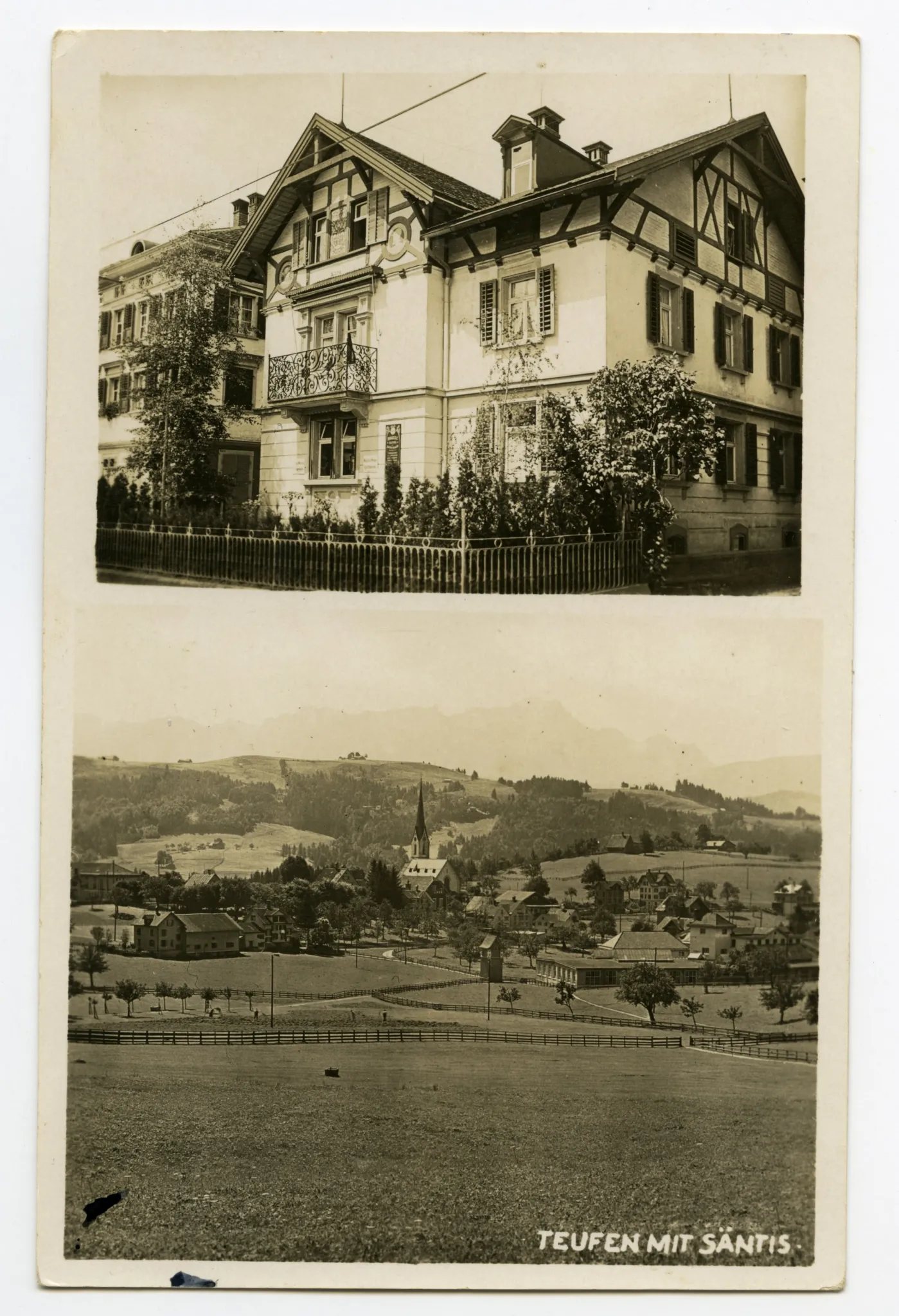 Karte mit zwei Ansichten: oben: Haus Alpina, unten: Ansicht von Teufen mit alter katholischer Kirche aus Nordosten, mit Säntis im Hintergrund