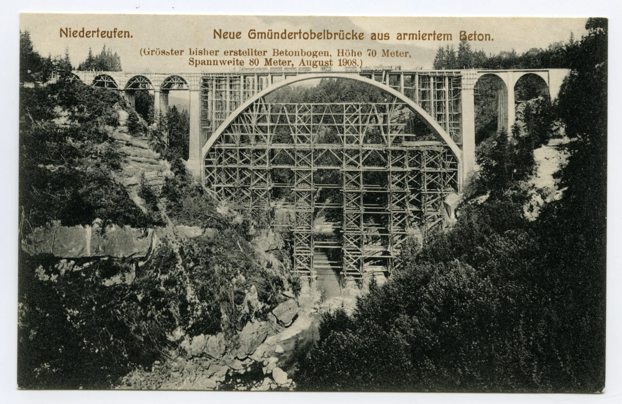 Ansicht mit Lehrgerüst, Karte 1: 1. Bauphase; Vgl. Hc.12-03; Karte 2: 2. Bauphase; Karte 3: 3. Bauphase mit bereits teilweise abgebautem Lehrgerüst und alter Gmündertobelbrücke im Vordergrund