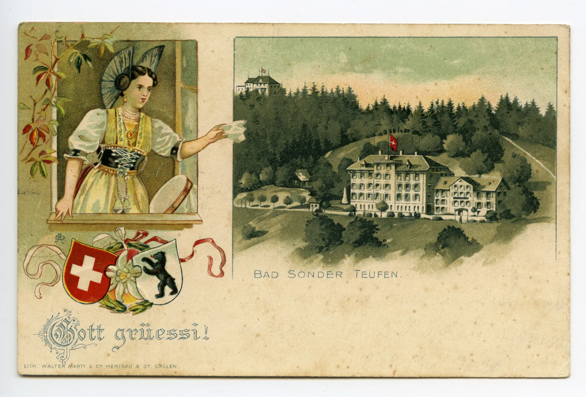 Mehrbildpostkarte: Einzelbild links: Schmuckbild mit Appenzellerin in Tracht; Einzelbild rechts: Ansicht von Bad Sonder von Süden mit Fröhlichsegg im Hintergrund (vgl. Ho.20-013)