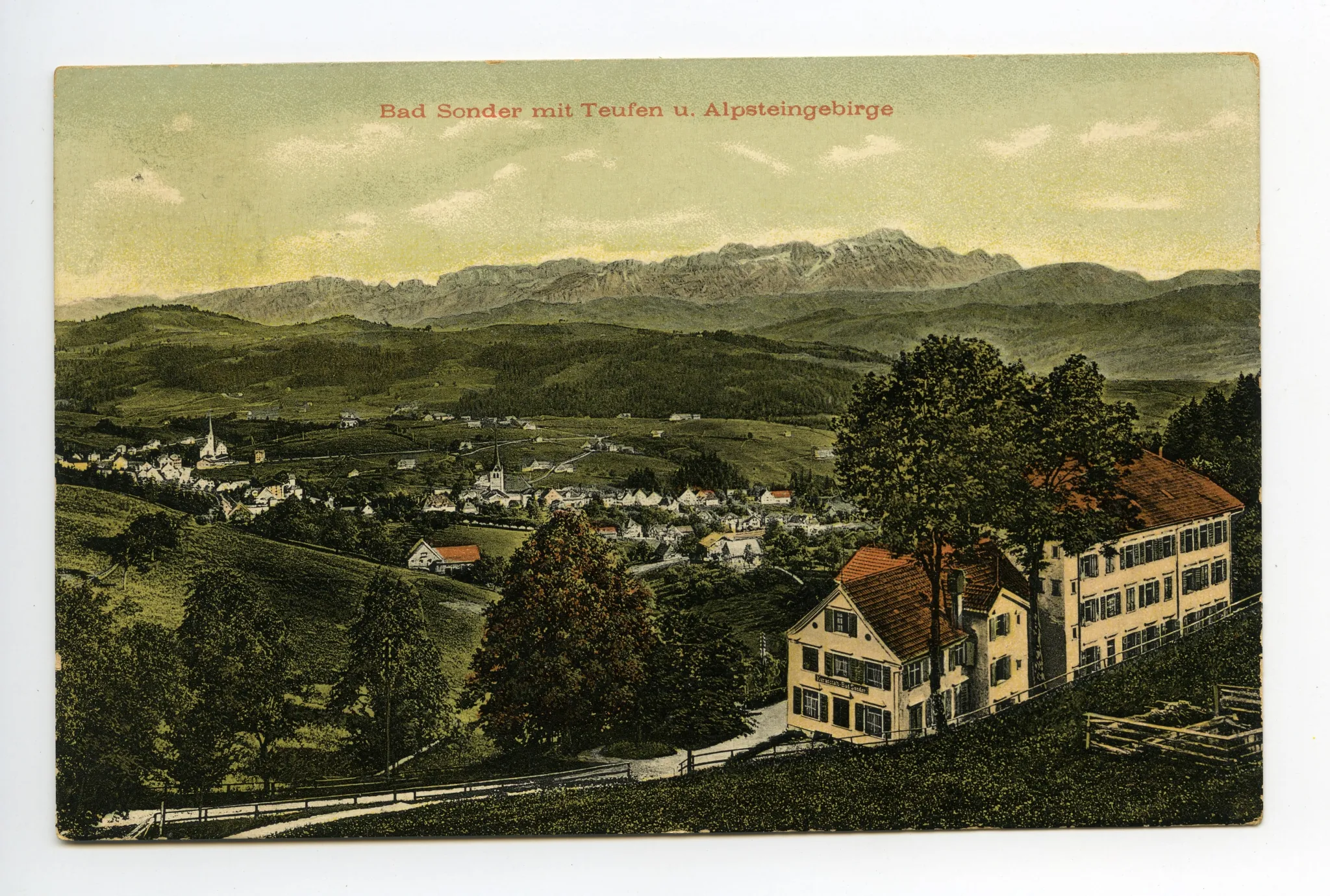 Ansicht aus Norden (Rückseite des Kurhauses) aus Teufen mit Grubenmannkirche und alte kath. Kirche