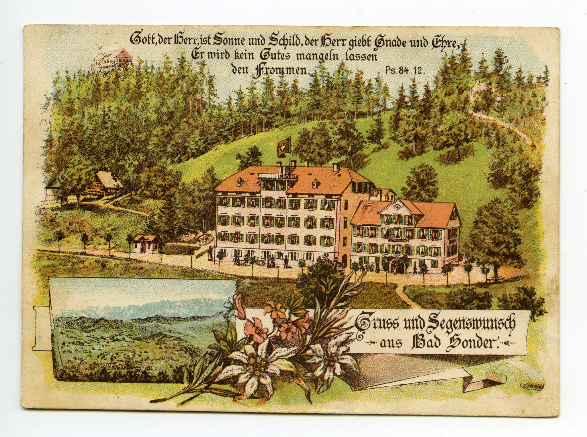 Mehrbildpostkarte: Hauptbild: Ansicht von Bad Sonder und oberhalb Restaurant Fröhlichsegg; kleines Schmuckbild: schemahafte Ansicht von Teufen mit Alpstein