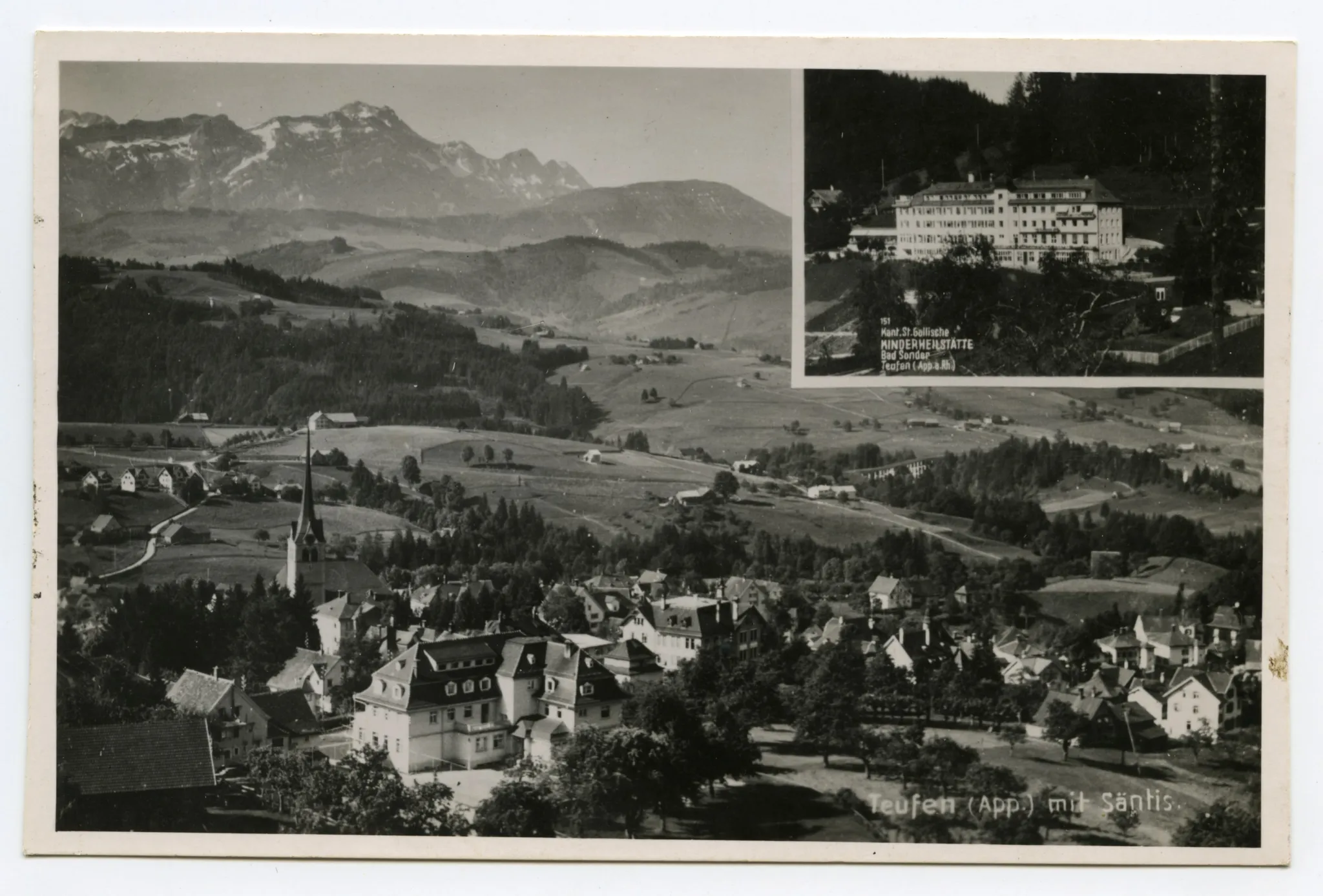 Mehrbildpostkarte, kleines Bild: Gesamtansicht Bad Sonder; grosses Bild / Hauptbild: Ansicht von Teufen aus Norden von Bad Sonder aus gesehen, mit ehemaligem Töchterinstitut Buser, Alpstein und Säntis im Hintergrund