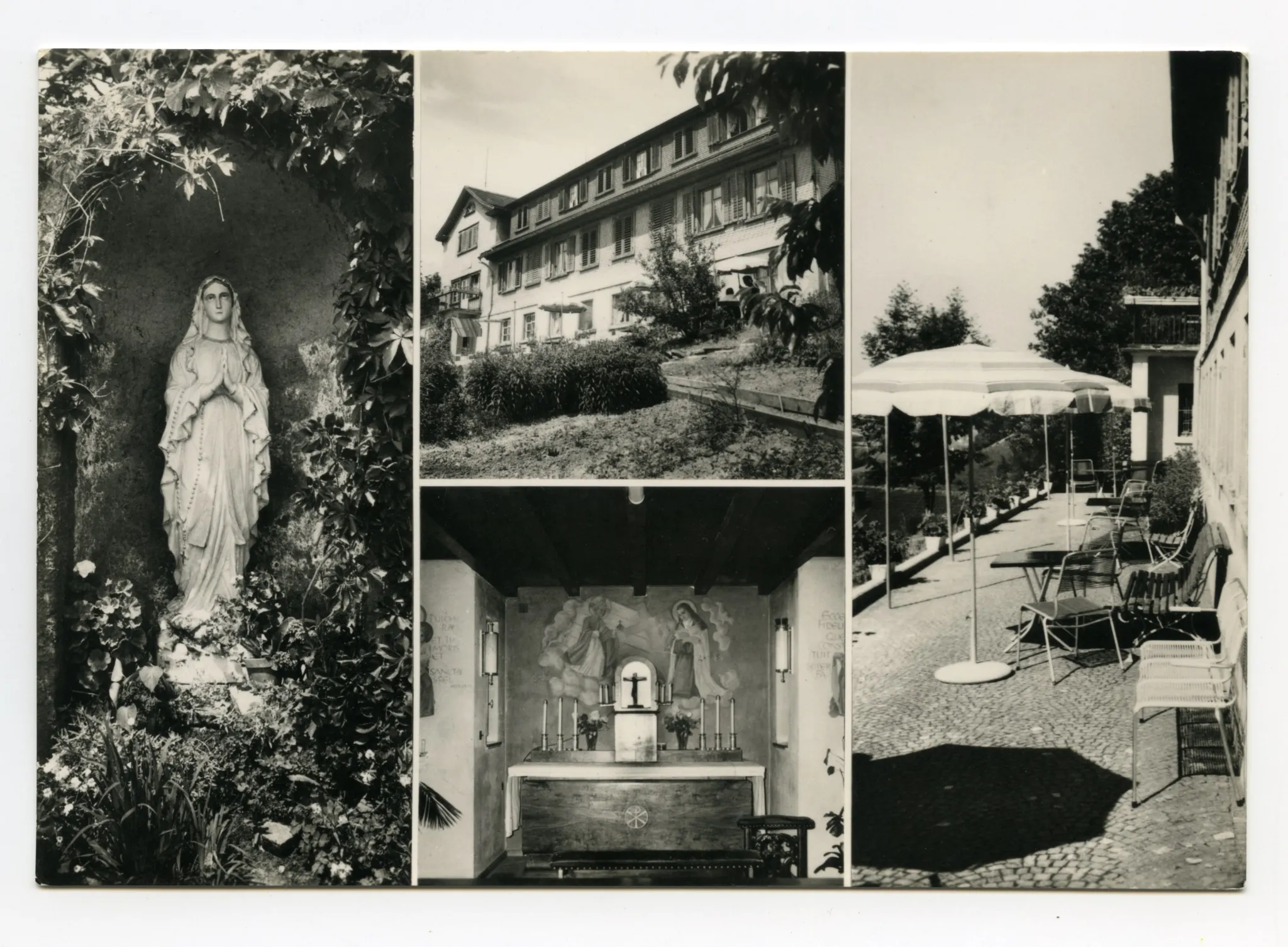 Mehrbildpostkarte: Marienstatue, Aussenansicht, Innenansicht mit Kapelle, Ansicht vom Sitzplatz