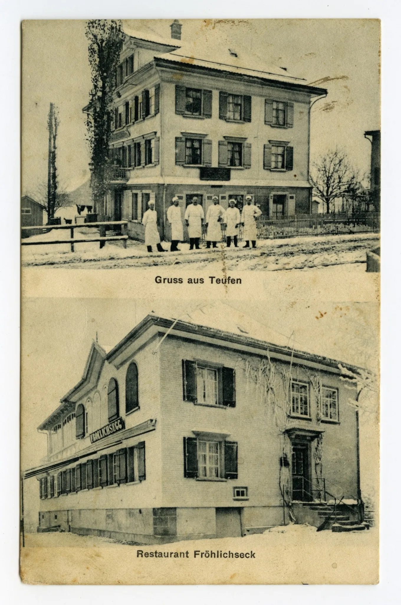 Doppelpostkarte, oben: Konditorei Indlekofer (heute Hauptstrasse 21), mit Personal vor dem Restaurant, unten: Ansicht von Fröhlichsegg von Südosten