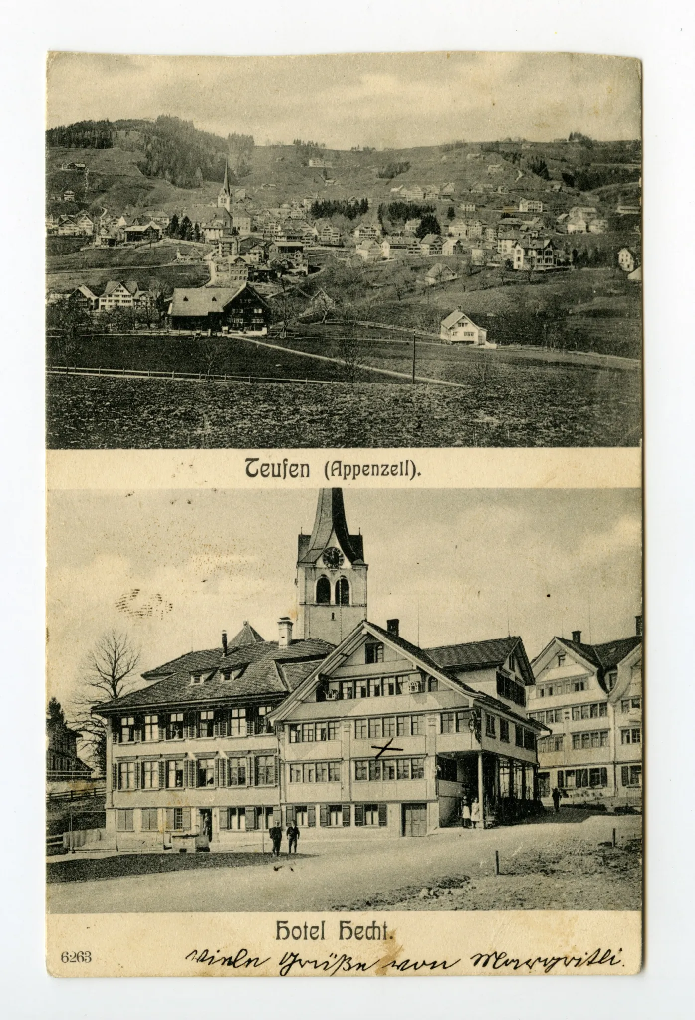 Doppelansicht, oben: Teufen aus Süden, unten: Gasthaus aus Südwesten mit evang. Kirchturm; Karte 1:(vgl. Ho.20-122(2)); Karte 2:(vgl. Ho.20-122(1))