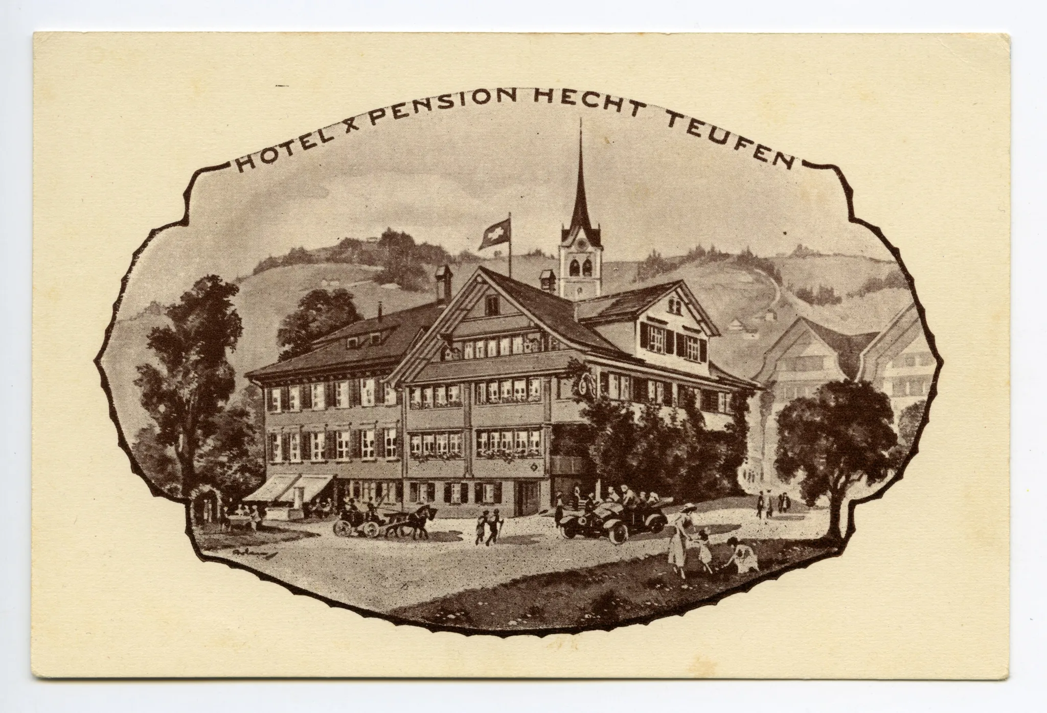 Ansicht im gezackten Kreis mit evang. Kirchturm im Hintergrund und Hügel Richtung Fröhlichsegg (gedruckt nach gemalter Vorlage?) (vgl. Hc.08-05, identisch, Stempel 1924)