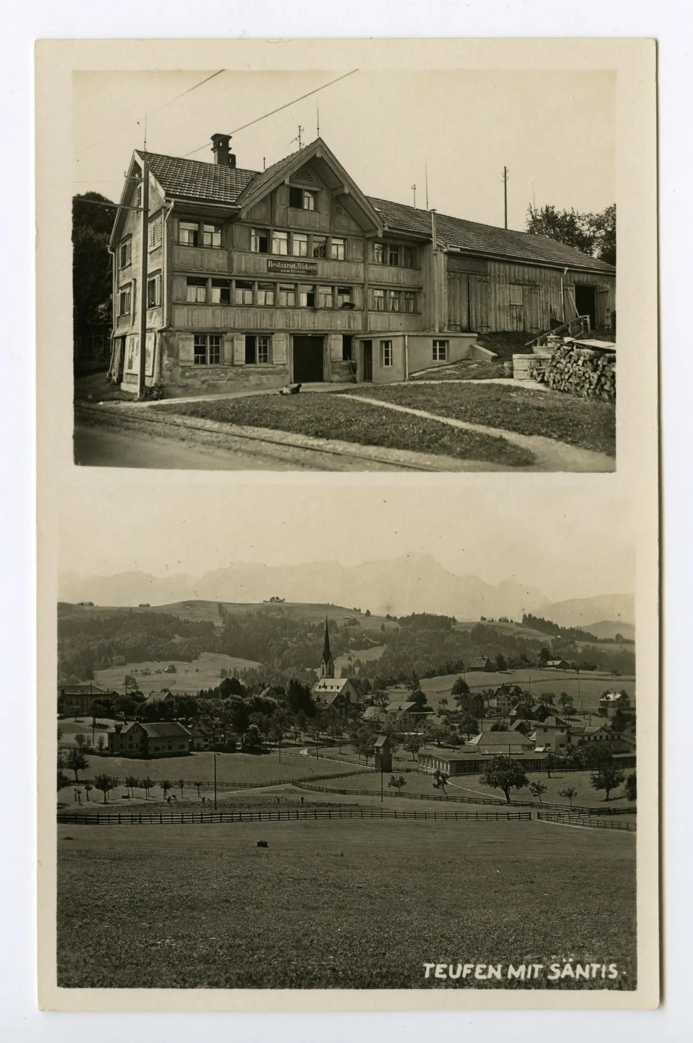 Doppelkarte: oben: Ansicht der Wirtschaft mit Bahnschiene, unten: Ansicht von Teufen aus Norden mit alter kath. Kirche und im Hintergrund Säntis, 2 Exemplare identisch