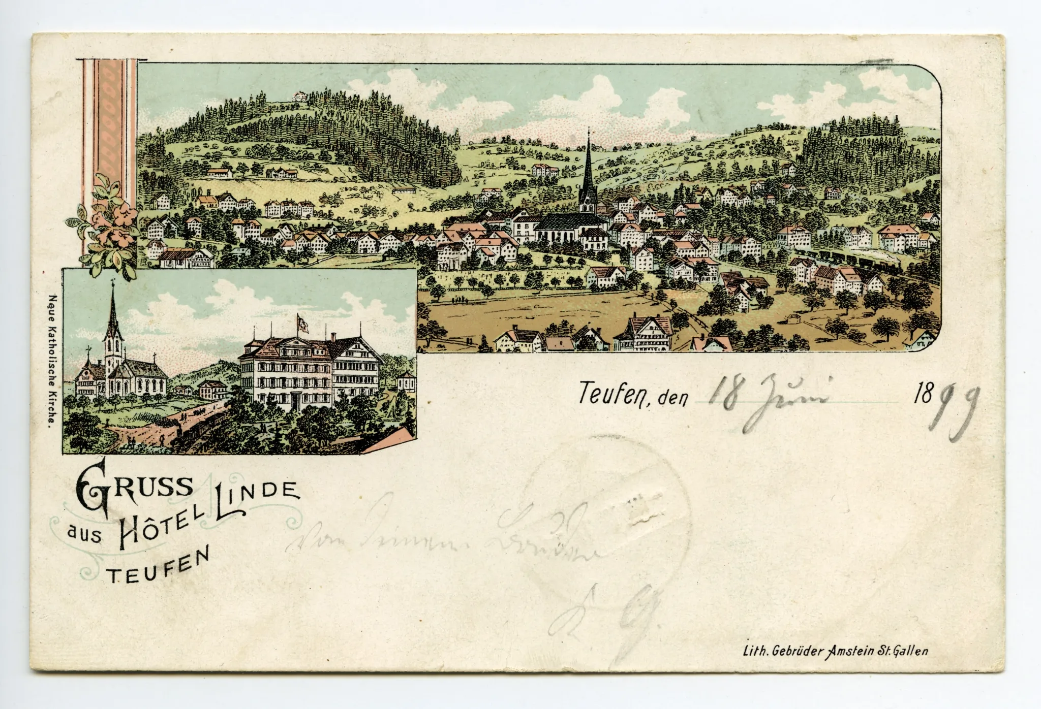 Grusskarte, Ansicht Hotel, kath. Kirche und Dampfeisenbahn, Ansicht aus Süden auf Teufen mit evang. Kirche