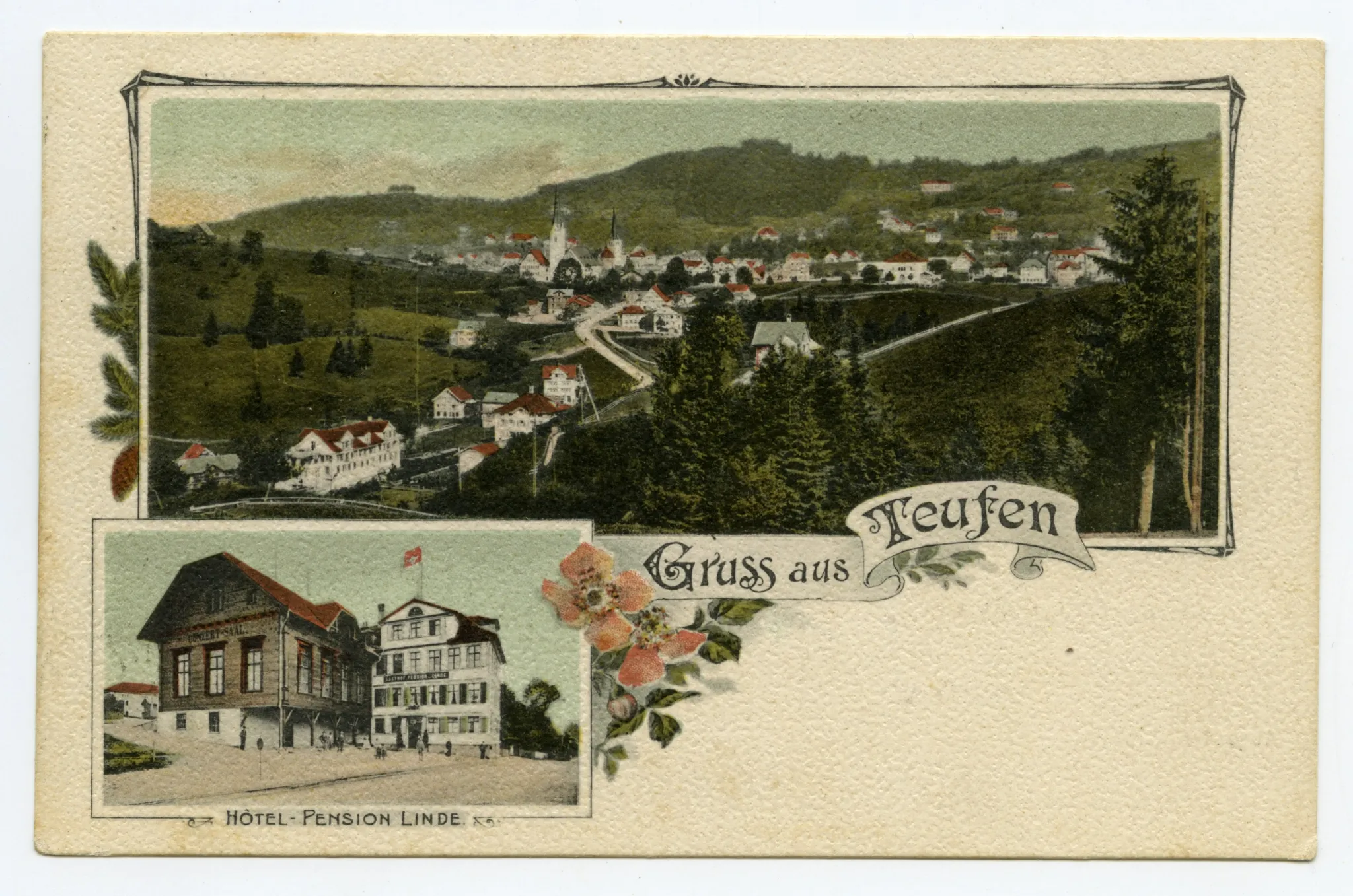 Grusskarte, Frontansicht aus Nordwest mit Konzertsaal, Ansicht aus Südosten auf Teufen mit alter kath. Kirche und evang. Kirche