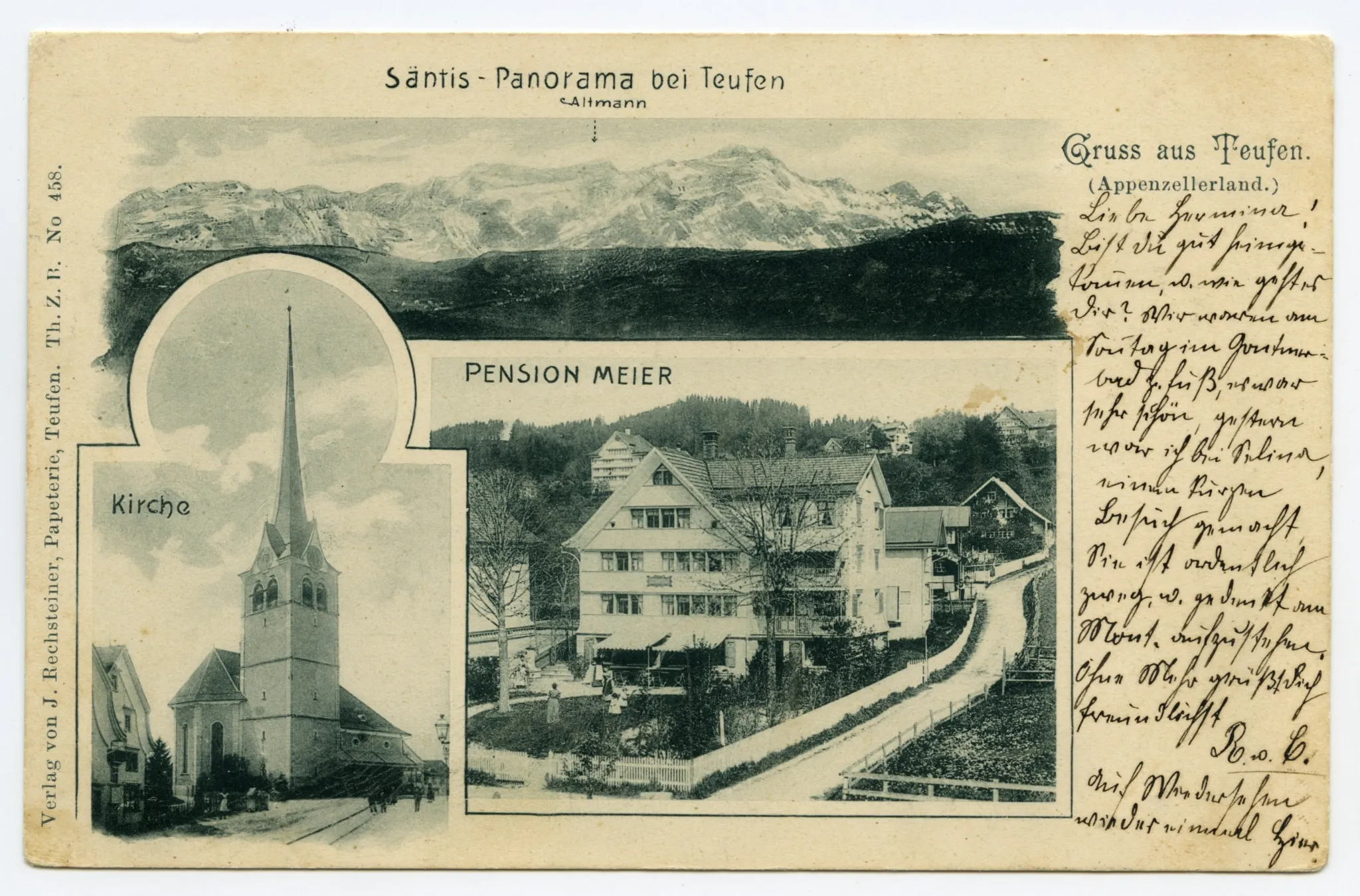 Grusskarte, Ansicht der Pension mit Krankenhausstrasse, Ansicht der evang. Kirche, Alpsteinpanoramablick