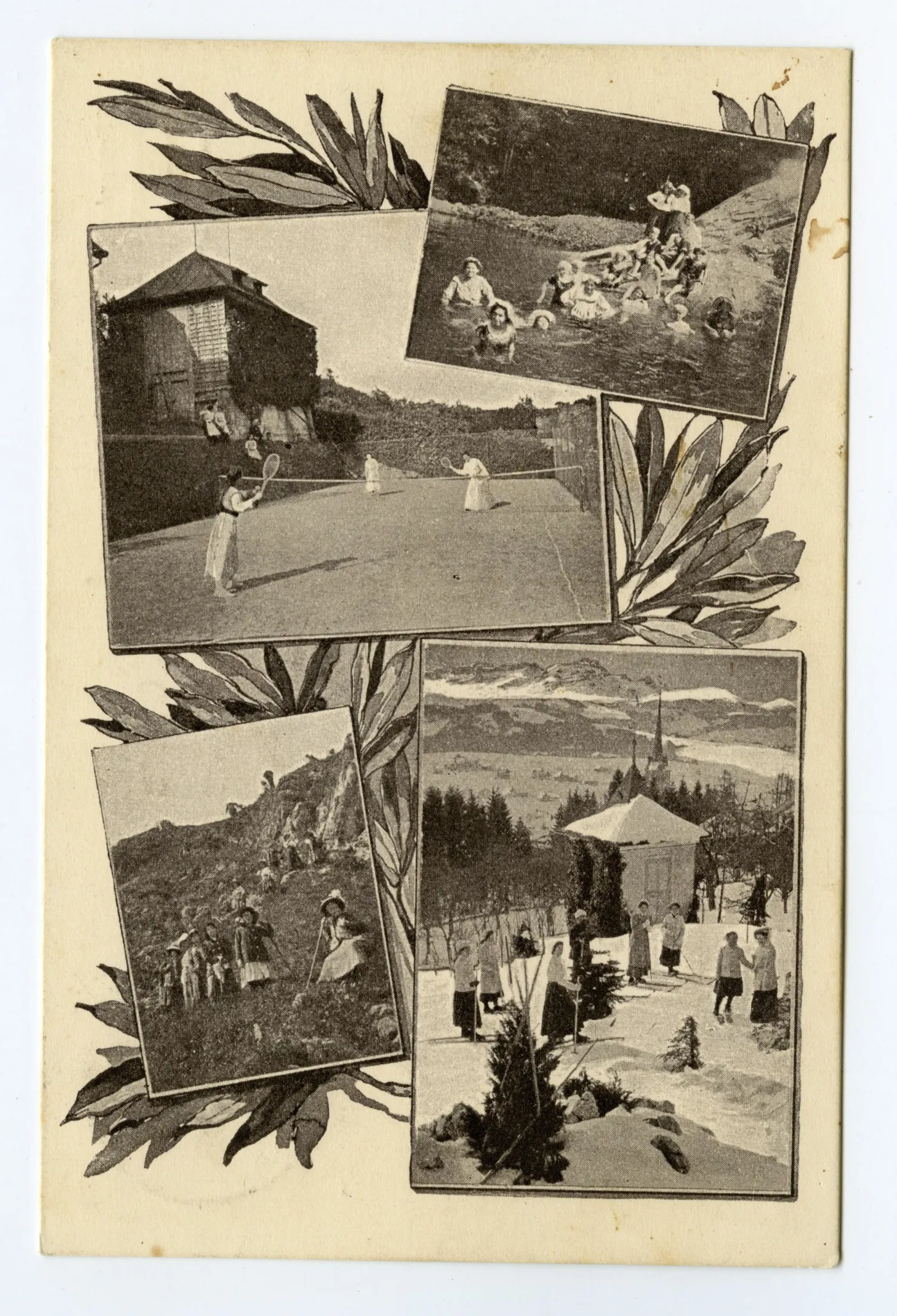 Mehrbildkarte, 4 Ansichten, 1 Ansicht Winter, Ansichten mit Schülerinnen: beim Baden, beim Tennisspielen, beim Wandern, im Schnee im Garten (vgl. Hc08-89)