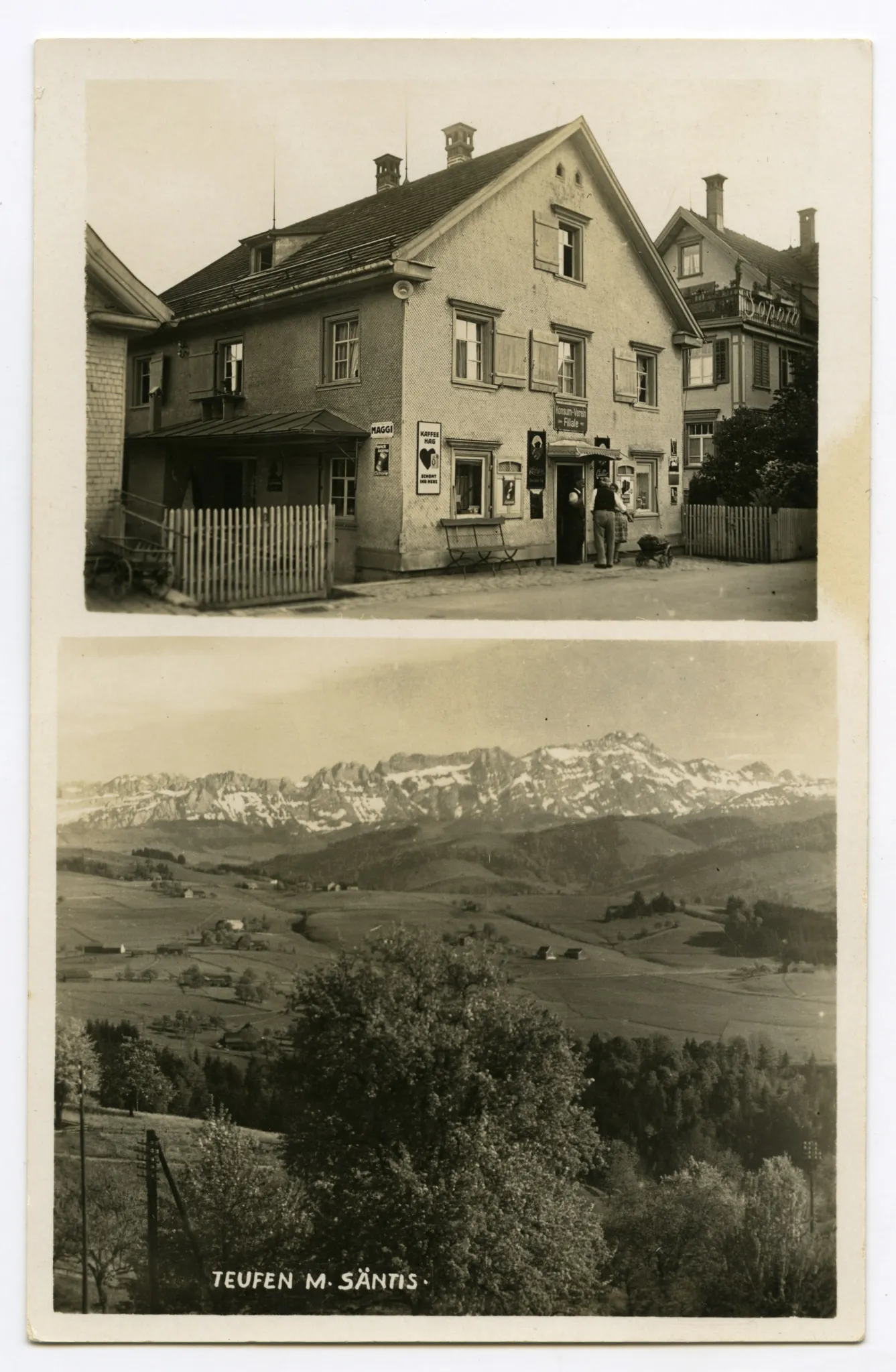 eingegangen am 31.3.1973, Doppelbildkarte, oben: Ansicht des Gebäudes, unten: Panoramasicht Alpstein