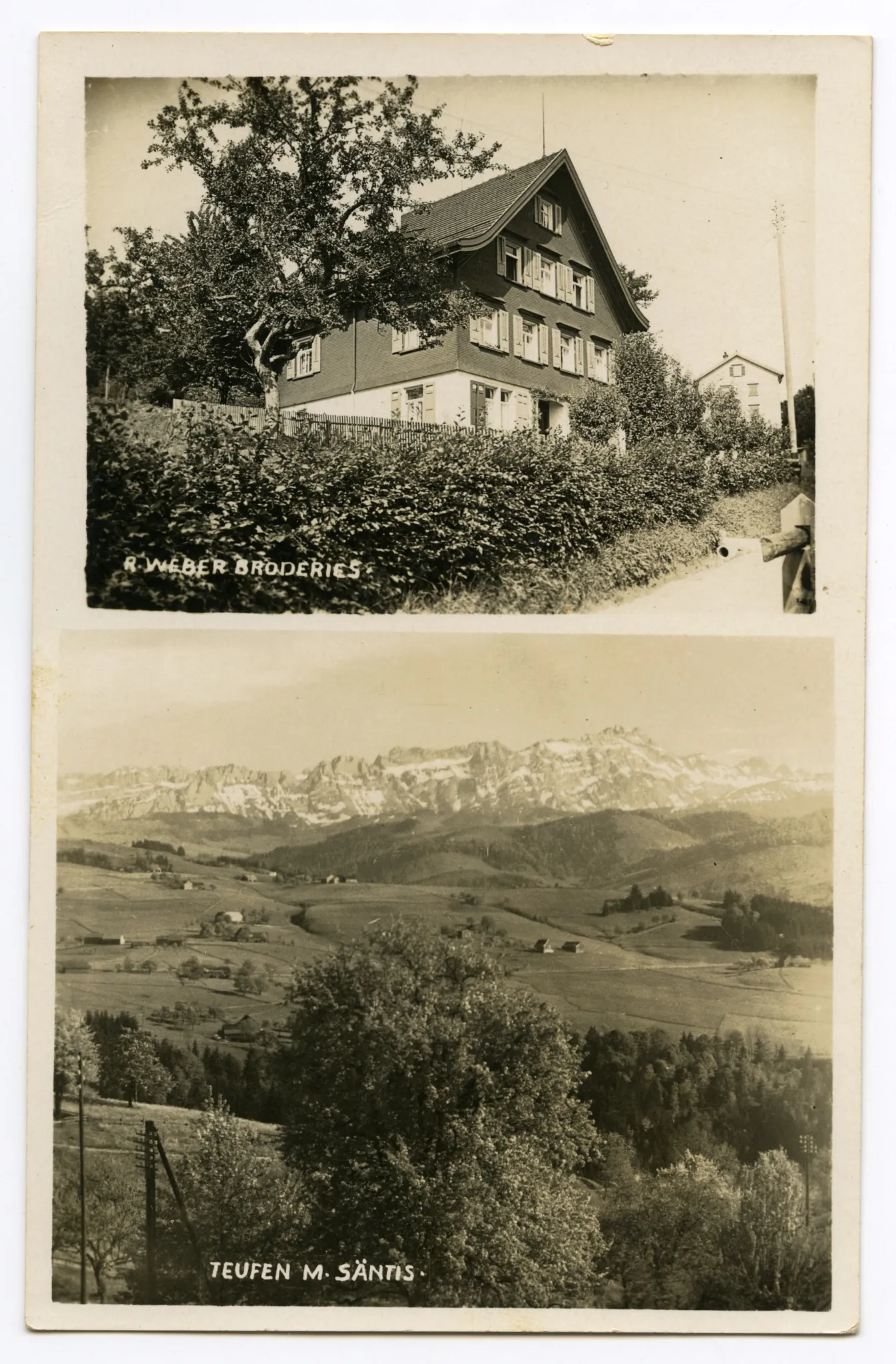 Doppelbildkarte oben: Aussenansicht des Broederiegebäudes, unten: Panoramablick auf Alpstein