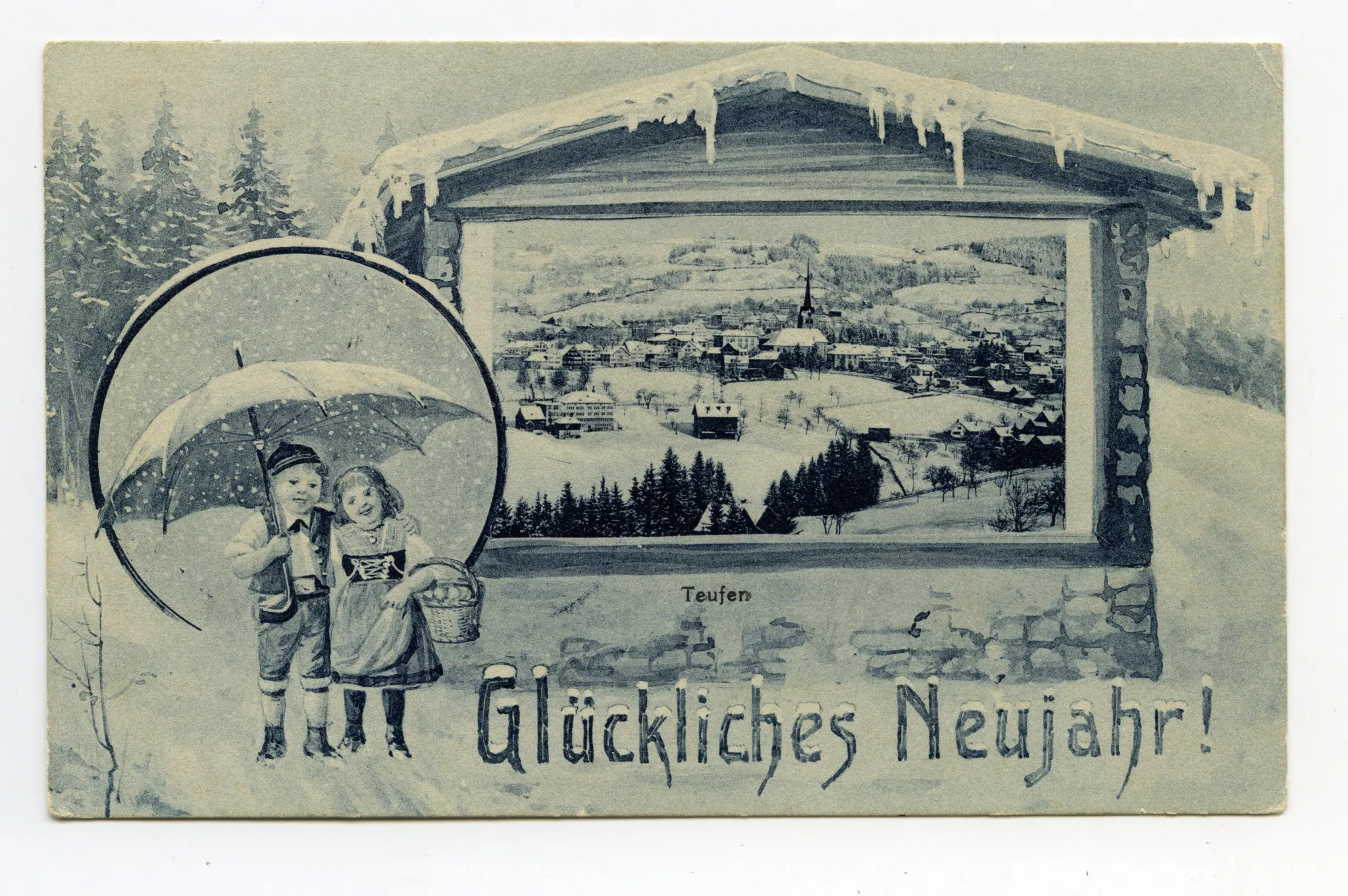 Winter, Ansicht von Teufen aus Süden in „Hausschmuckrahmen"