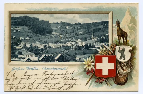 Blick zu Bad Sonder und Frölichsegg (kleines Foto), umrahmt mit Gemse, Wappen CH und Appenzeller Bär, Edelweiss, Eispickel, Schneeschuh, Kletterseil . (vgl. Hc.15-12)