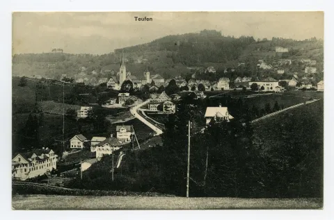 mit Neubrücke/Sammelbüel, beiden Dorfkirchen, Krankenhaus Gremm, Fernblick, Bad Sonder, Blick zu Frölichsegg, Schäflisegg (angeschnitten)