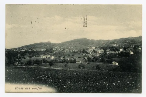 Vorne Schönenbüel, mit Friedhof/Bächli, Krankenhaus Gremm, Bad Sonder, Fernblick. Blick zu Schwendibüel, Frölichsegg, Schäflisegg/ Hüslersegg