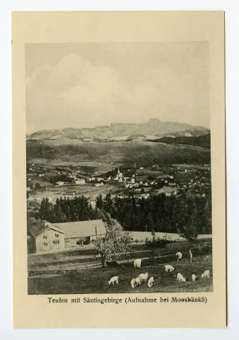 vom Moosbänkli, mit Alter Kath. Kirche, Lindenhügel, Ebni, Schönenbüel (vgl. Leporello „Gruss-Album von Teufen“)