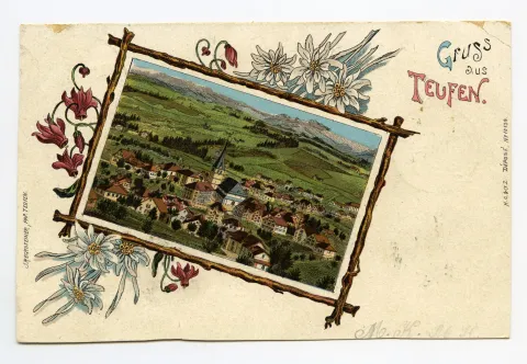 mit Ebni, Zeughaus (z.T.); kleines Bild (Vignette), umrahmt von Holzstecken, mit Edelweiss und anderen Blumen