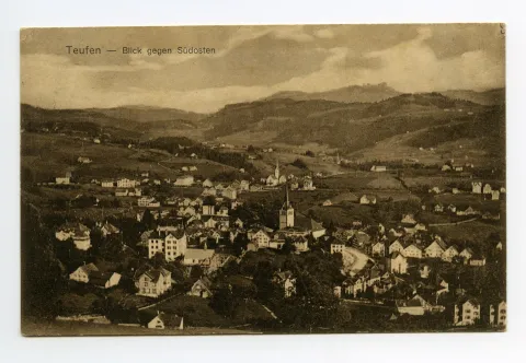 beide Dorfkirchen, (Bahngeleise Dorfplatz verschoben!), Blick zu Steigbach, Fänern, Kamor, Hohem Kasten