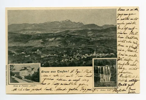 Von links oben im Uhrzeigersinn: mit beiden Dorfkirchen (Turmspitze kath. Kirche fehlt!), Alpstein; Höchfall; Hotel Linde, mit SGA-Dampfkomposition (grosses Bild: vgl. Hc.17-02 / 17-03 = beide mit Turm kath. Kirche!)