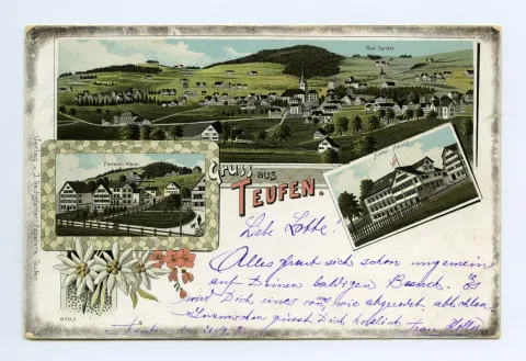 mit Bad Sonder; Hotel Hecht; Pension Meier, verziert mit Edelweiss u.a. Blumen (vgl. Hc.13-01)