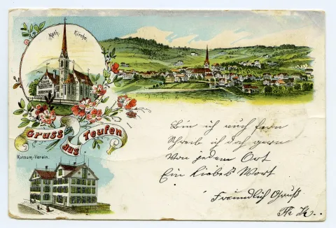 Von links oben im Uhrzeigersinn: Alte Kath. Kirche; Dorfansicht von Süden; Haus Konsumverein; Blumenranken