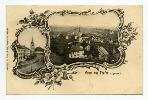 Von links oben im Uhrzeigersinn: Dorfplatz von Westen, mit altem Bahnhof und SGA-Dampfzug, Grubenmannkirche; Dorfansicht von Nordwesten, beide Dorfkirchen; umrahmt mit Blumen