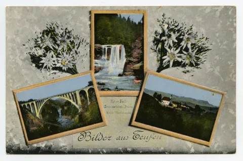 Von oben nach unten: Höchfall; Gmündertobelbrücke; Kloster Wonnenstein; verziert mit Enzian, Fotos in „Holzrahmen“