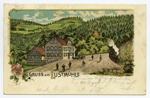 mit Dampfkomposition der Appenzeller Strassenbahn, Fahrtrichtung Teufen. Fussgänger, Velofahrer, Pferdekutsche auf Strasse. Blick Richtung Norden