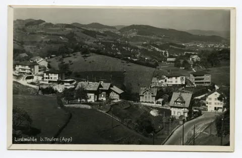 vom Gebiet Stäheli/Gstalden gesehen, Ostseite Station, Abzweiger Steiner-Strasse. Blick via Sitterviadukt (BT-Brücke) nach Winkeln