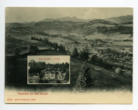 Mehrbildpostkarte: kleines Bild: Gesamtansicht Kurhaus mit Rest. Fröhlichsegg oberhalb grosses Bild, Hauptbild der Karte: Blick auf Teufen aus Norden
