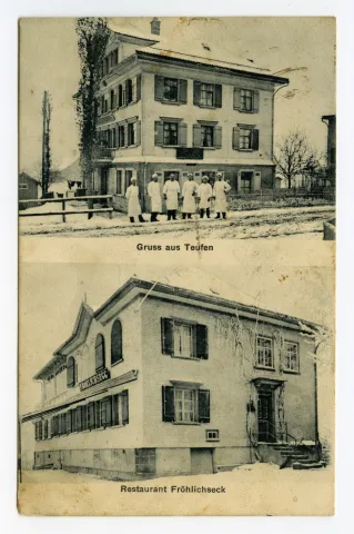 Doppelpostkarte, oben: Konditorei Indlekofer (heute Hauptstrasse 21), mit Personal vor dem Restaurant, unten: Ansicht von Fröhlichsegg von Südosten