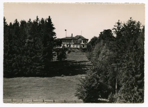 Ansicht von Süden mit Wald und Wiese mit Schafen, kam 1964 in den Besitz der Gemeinde und wurde darauf abgerissen