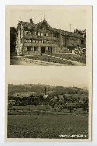 Doppelkarte: oben: Ansicht der Wirtschaft mit Bahnschiene, unten: Ansicht von Teufen aus Norden mit alter kath. Kirche und im Hintergrund Säntis, 2 Exemplare identisch