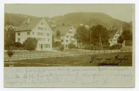 Grusskarte, Ansicht aus Südwest mit angrenzenden Häusern an der Speicherstrasse