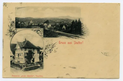 Grusskarte, klein: Ansicht Pension, gross: Blick auf Teufen von Pension aus Richtung alte kath. Kirche, Bahngleis sichtbar
