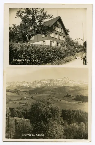 Doppelbildkarte oben: Aussenansicht des Broederiegebäudes, unten: Panoramablick auf Alpstein