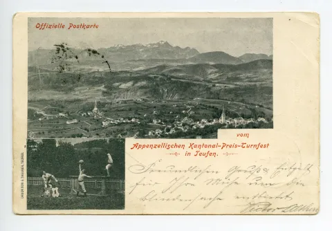 Doppelbildkarte: Panoramasicht auf den Alpstein, im Vordergrund Teufen mit alter kath. Kirche und evang. Kirche, vier Turner mit Ball, am Barren und am Ringen (vgl. Hc.02-01, Karte identisch)