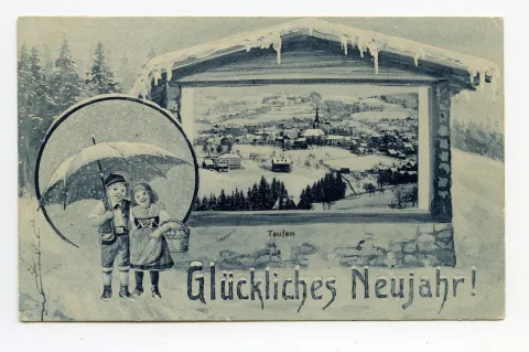 Winter, Ansicht von Teufen aus Süden in „Hausschmuckrahmen"